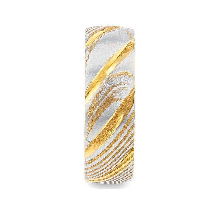 CERSEI Gold Color Domed Brushed Damascus Steel Men’s Wedding Band with Vivid Etched Design - 6mm & 8mm - Larson Jewelers
