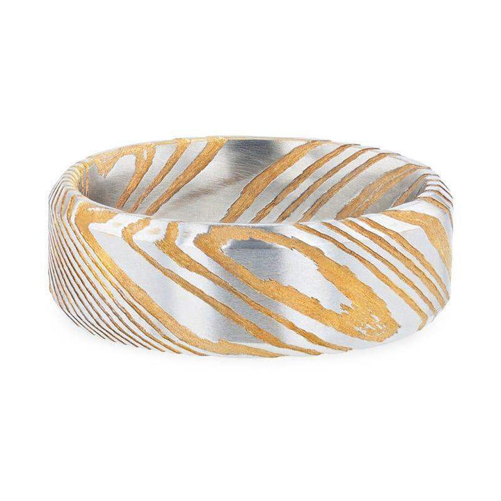 JOFFREY Gold Color Damascus Steel Brushed Beveled Men’s Wedding Band with Repeating Artisan Pattern - 6mm & 8mm - Larson Jewelers