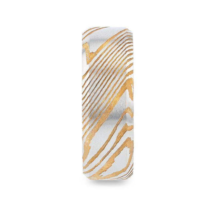 JOFFREY Gold Color Damascus Steel Brushed Beveled Men’s Wedding Band with Repeating Artisan Pattern - 6mm & 8mm - Larson Jewelers