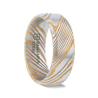 JOFFREY Gold Color Damascus Steel Brushed Beveled Men’s Wedding Band with Repeating Artisan Pattern - 6mm & 8mm - Larson Jewelers