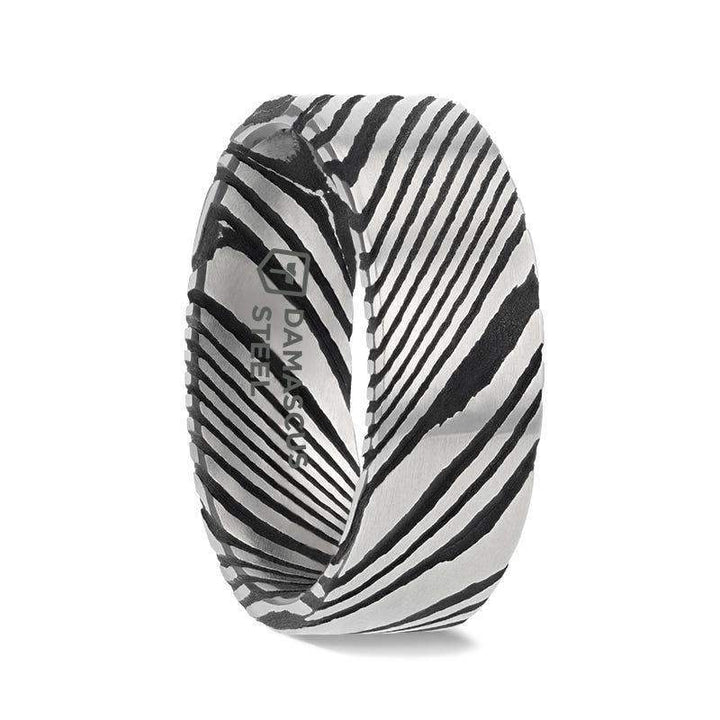 HANZO Black Flat Brushed Damascus Steel Men’s Wedding Band with Vivid Etched Design- 6mm & 8mm - Larson Jewelers