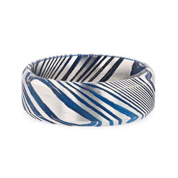 BISMAN Blue Beveled Brushed Damascus Steel Men’s Wedding Band with A Vivid Etched Design - 6mm & 8mm - Larson Jewelers