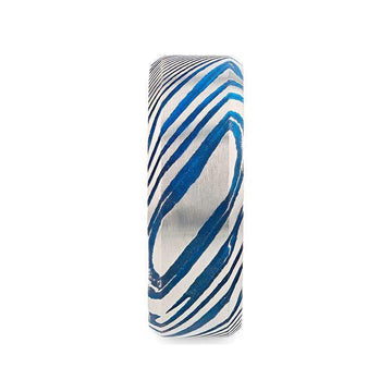 BISMAN Blue Beveled Brushed Damascus Steel Men’s Wedding Band with A Vivid Etched Design - 6mm & 8mm - Larson Jewelers