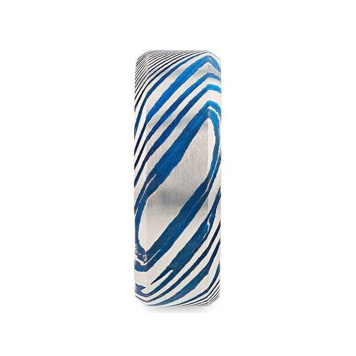 BISMAN Blue Beveled Brushed Damascus Steel Men’s Wedding Band with A Vivid Etched Design - 6mm & 8mm - Larson Jewelers