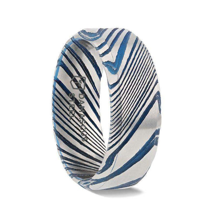 BISMAN Blue Beveled Brushed Damascus Steel Men’s Wedding Band with A Vivid Etched Design - 6mm & 8mm - Larson Jewelers