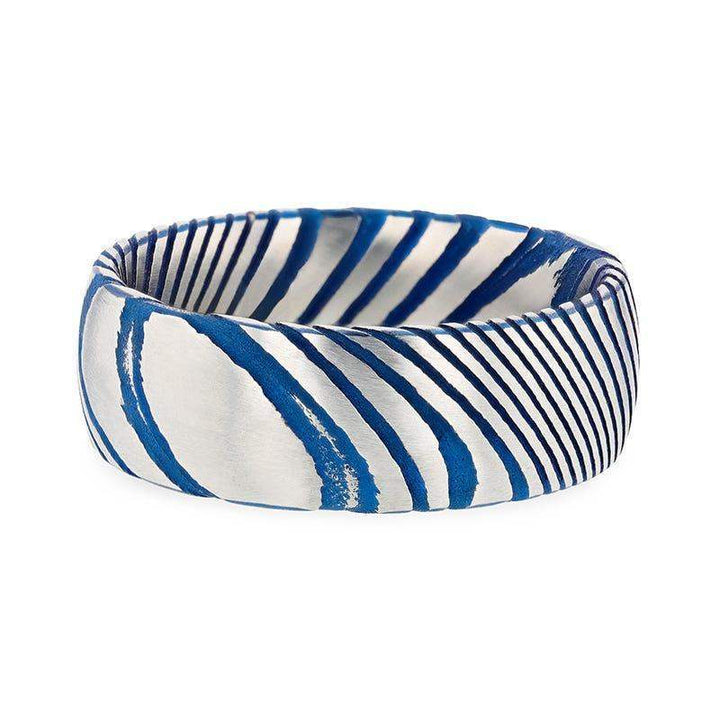 EARL Blue Domed Brushed Damascus Steel Men’s Wedding Band with Vivid Etched Design - 6mm & 8mm - Larson Jewelers
