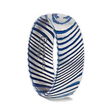 EARL Blue Domed Brushed Damascus Steel Men’s Wedding Band with Vivid Etched Design - 6mm & 8mm - Larson Jewelers