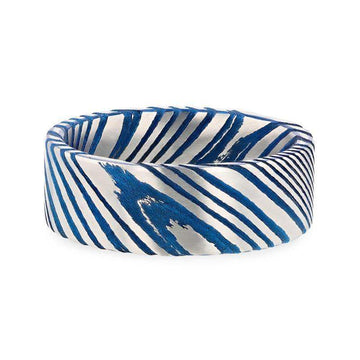 DUKE Blue Flat Brushed Damascus Steel Men’s Wedding Band with Vivid Etched Design - 6mm & 8mm - Larson Jewelers