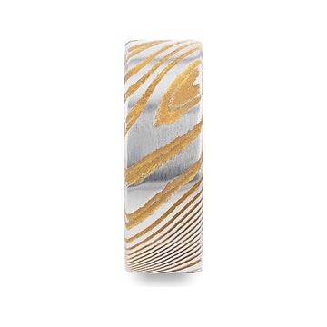 BISHOP Gold Color Flat Brushed Damascus Steel Men’s Wedding Band with Vivid Etched Design - 6mm & 8mm - Larson Jewelers