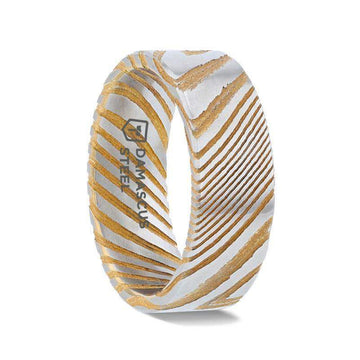 BISHOP Gold Color Flat Brushed Damascus Steel Men’s Wedding Band with Vivid Etched Design - 6mm & 8mm - Larson Jewelers