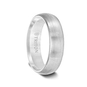 WHITMAN domed white tungsten wedding band with brushed finish, 6mm width, angled studio view showing interior TRITON logo