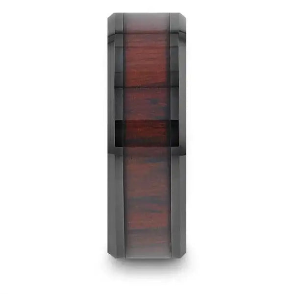 KAI Beveled Black Ceramic Ring with Cocobolo Wood Inlay - 8mm - Larson Jewelers