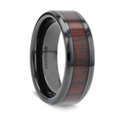 KAI Beveled Black Ceramic Ring with Cocobolo Wood Inlay - 8mm - Larson Jewelers