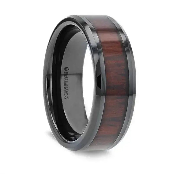 KAI Beveled Black Ceramic Ring with Cocobolo Wood Inlay - 8mm - Larson Jewelers