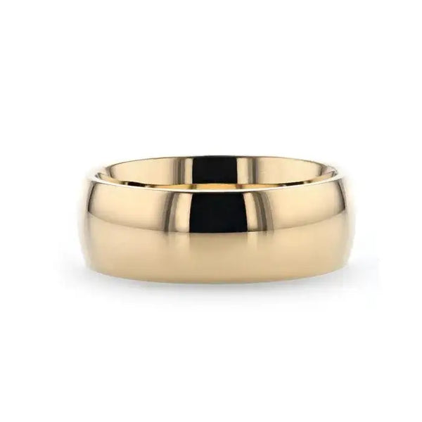 VANNA Traditional Domed Gold Plated Titanium Wedding Ring, 8mm width, flat lay side profile showing smooth, high-polish surface