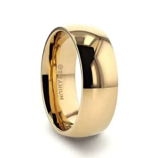 VANNA Traditional Domed Gold Plated Titanium Wedding Ring, 8mm width, angled side view showing polished finish with 'Titanium' interior mark