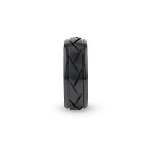 JAX Domed Black Titanium Ring with Brushed Cross Alternating Diagonal Cuts Pattern - 8mm - Larson Jewelers