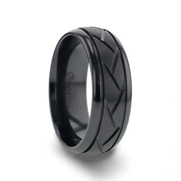 JAX Domed Black Titanium Ring with Brushed Cross Alternating Diagonal Cuts Pattern - 8mm - Larson Jewelers
