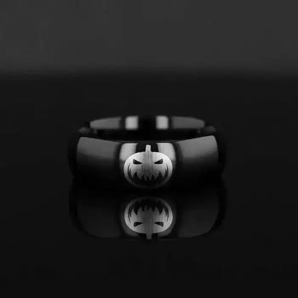 Spooky Evil Halloween Jack-O-Lantern Engraved Domed Black Tungsten Ring (Raven) - 4mm - 12mm - Larson Jewelers