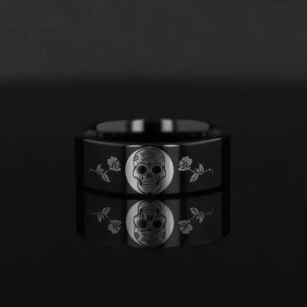 Day of the Dead Skull Engraved Print Flat Polished Black Tungsten Ring (Morpheus) - 4mm - 12mm - Larson Jewelers