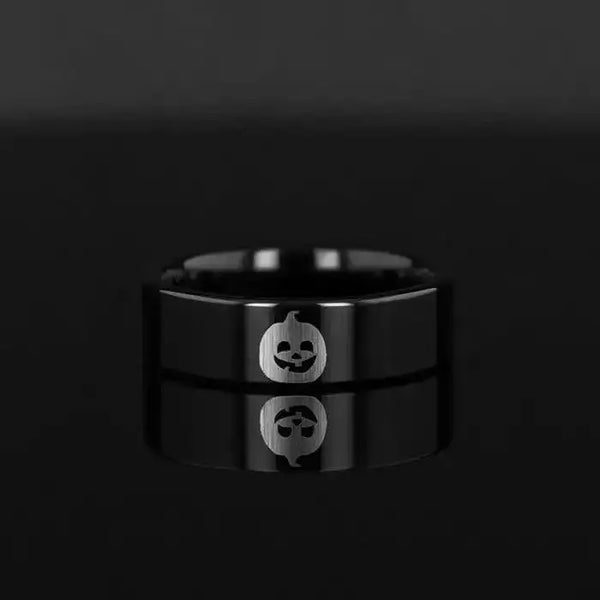 Happy Jack-O-Lantern Engraved Flat Polished Black Tungsten Ring (Morpheus) - 4mm - 12mm - Larson Jewelers