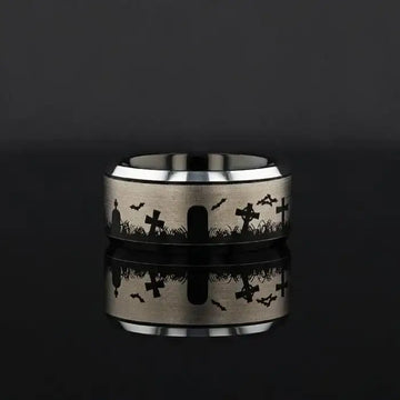 Inverted Graveyard Halloween Engraved Black Tungsten Ring with Polished Beveled Edges (Aston) - 4mm - 10mm - Larson Jewelers