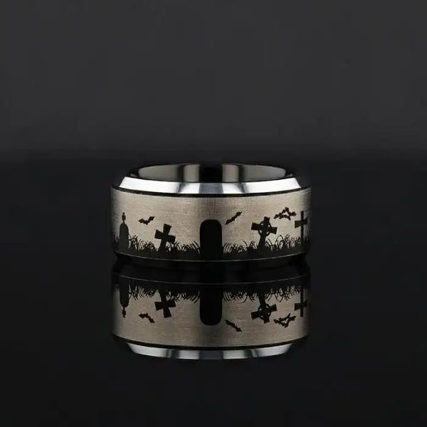 Inverted Graveyard Halloween Engraved Black Tungsten Ring with Polished Beveled Edges (Aston) - 4mm - 10mm - Larson Jewelers
