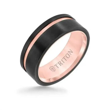 ARIA  Black and Rose Tungsten Flat Satin Finish Ring with Single Polished Offset Groove by Triton Rings 8mm - Larson Jewelers