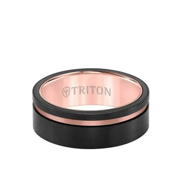 ARIA  Black and Rose Tungsten Flat Satin Finish Ring with Single Polished Offset Groove by Triton Rings 8mm - Larson Jewelers
