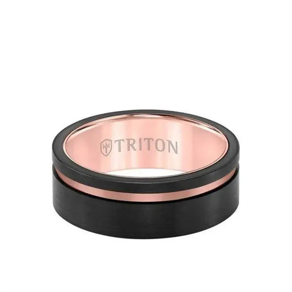 ARIA  Black and Rose Tungsten Flat Satin Finish Ring with Single Polished Offset Groove by Triton Rings 8mm - Larson Jewelers