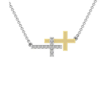 10K Two Tone Gold 1/6 Ct.Tw. Diamond Duel Cross Necklace - Larson Jewelers