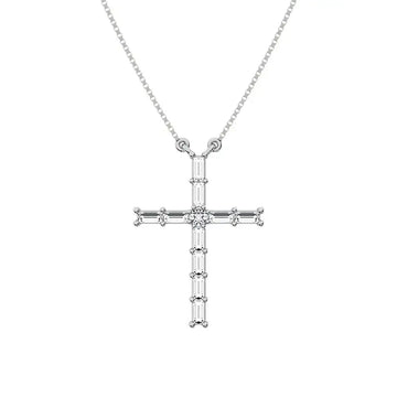 10K White Gold 1/4 Ct.Tw. Diamond Round and Baguette Cross Necklace - Larson Jewelers