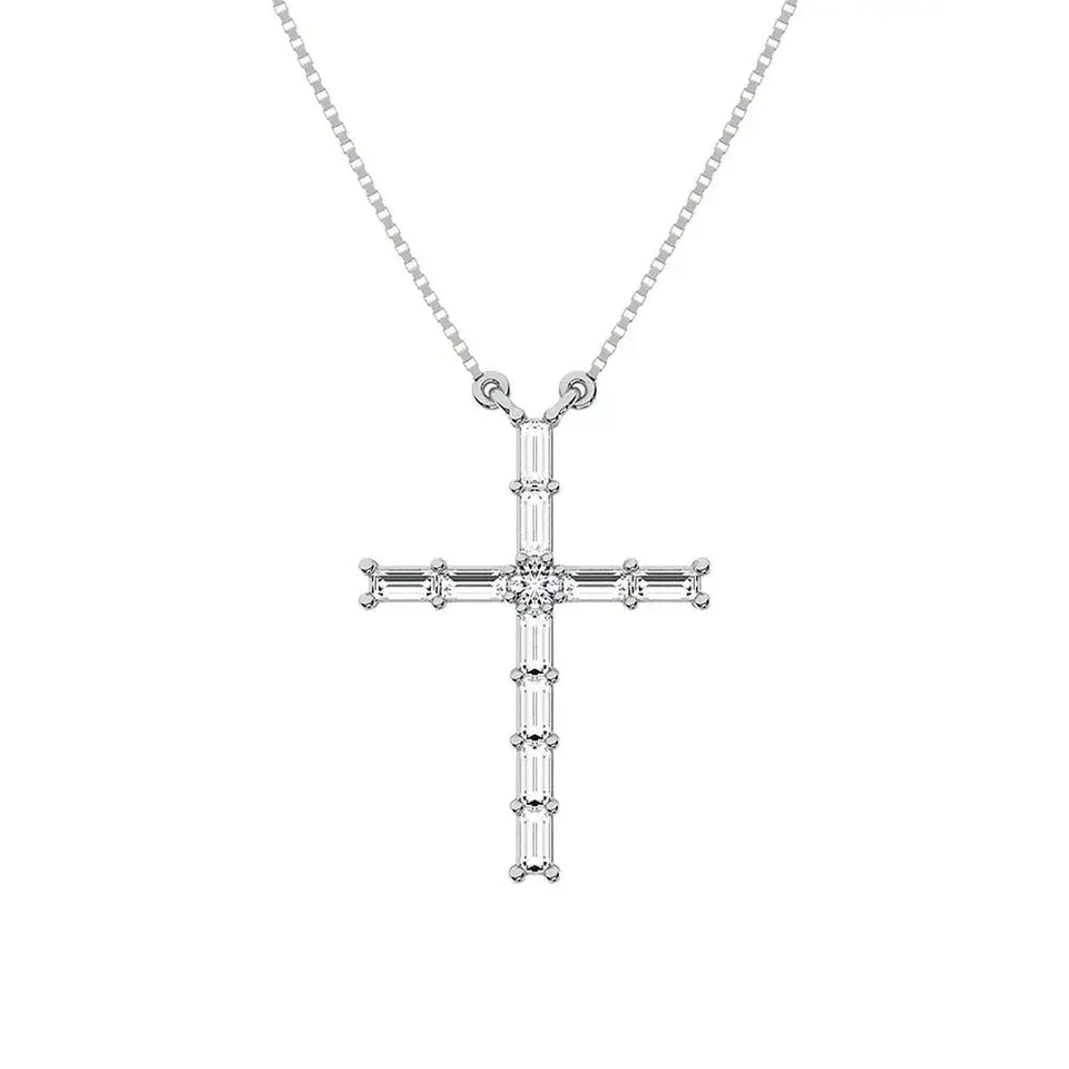 10K White Gold 1/4 Ct.Tw. Diamond Round and Baguette Cross Necklace - Larson Jewelers