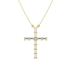 10K Yellow Gold 1/4 Ct.Tw. Diamond Round and Baguette Cross Necklace