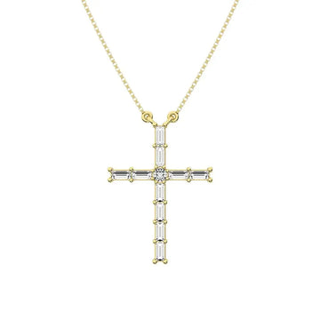 10K Yellow Gold 1/4 Ct.Tw. Diamond Round and Baguette Cross Necklace - Larson Jewelers