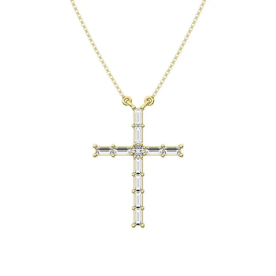 10K Yellow Gold 1/4 Ct.Tw. Diamond Round and Baguette Cross Necklace - Larson Jewelers