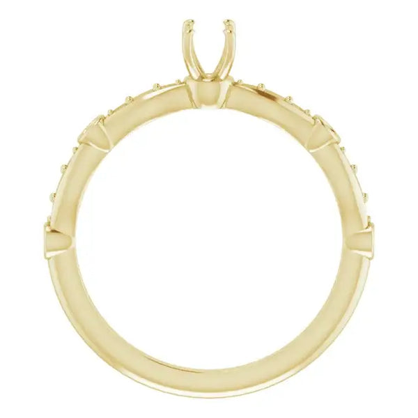Yellow gold engagement ring setting with prong head and diamond accents along the band.