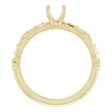 Yellow gold solitaire engagement ring setting with square stone prongs and accent diamonds along the band.
