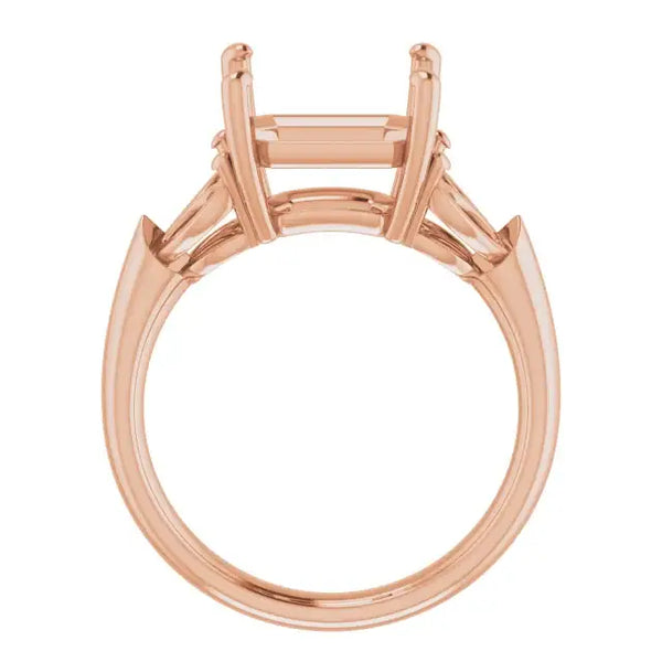 Rose gold engagement ring setting with empty square asscher stone holder and raised shoulder details.