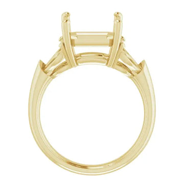 Yellow gold engagement ring setting with square-shaped stone holder and angled side accents.