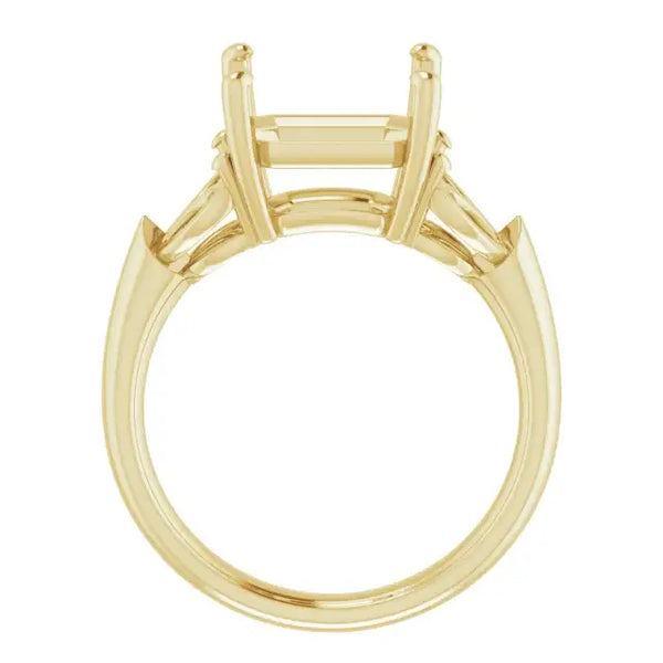 Yellow gold engagement ring setting with square-shaped stone holder and angled side accents.