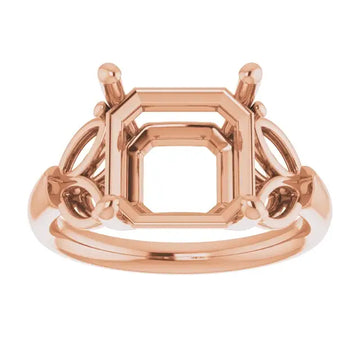 Rose gold engagement ring setting with octagonal center stone holder and decorative side accents.