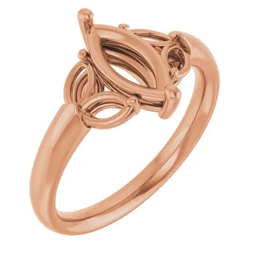 Rose gold engagement ring setting with decorative marquise-shaped stone holder and ornamental side details.