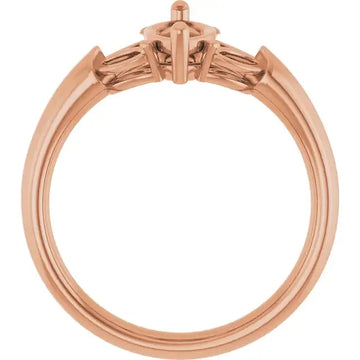 Rose gold engagement ring setting with marquise-shaped center stone and tapered baguette side stones.