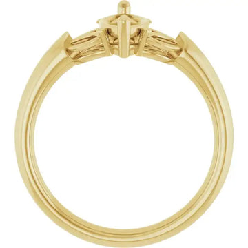 Yellow gold engagement ring setting with marquise stone holder and tapered baguette side accents.