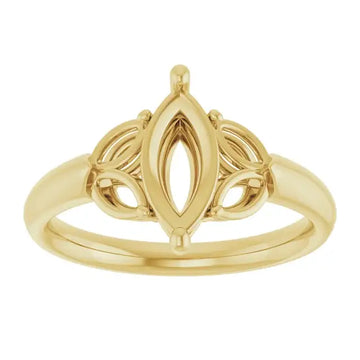 Gold engagement ring setting with marquise-shaped center stone and decorative side details.