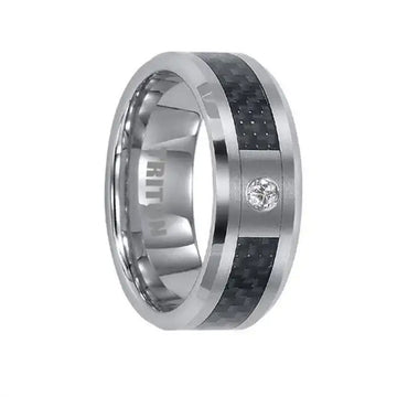 ALASTAIR Black Carbon Fiber Inlaid Band with Beveled Edges and Diamond by Triton Rings - 8mm - Larson Jewelers