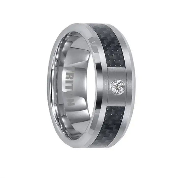 ALASTAIR Black Carbon Fiber Inlaid Band with Beveled Edges and Diamond by Triton Rings - 8mm - Larson Jewelers