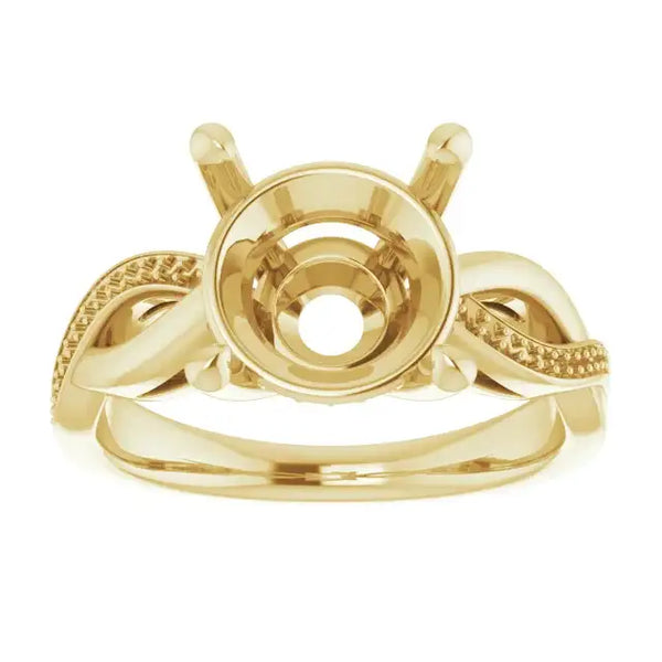 Gold engagement ring setting with twisted band shoulders and round stone cup, shown from front view.