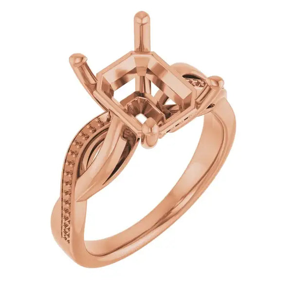 Rose gold engagement ring setting with open geometric center stone seat and textured band shoulders.